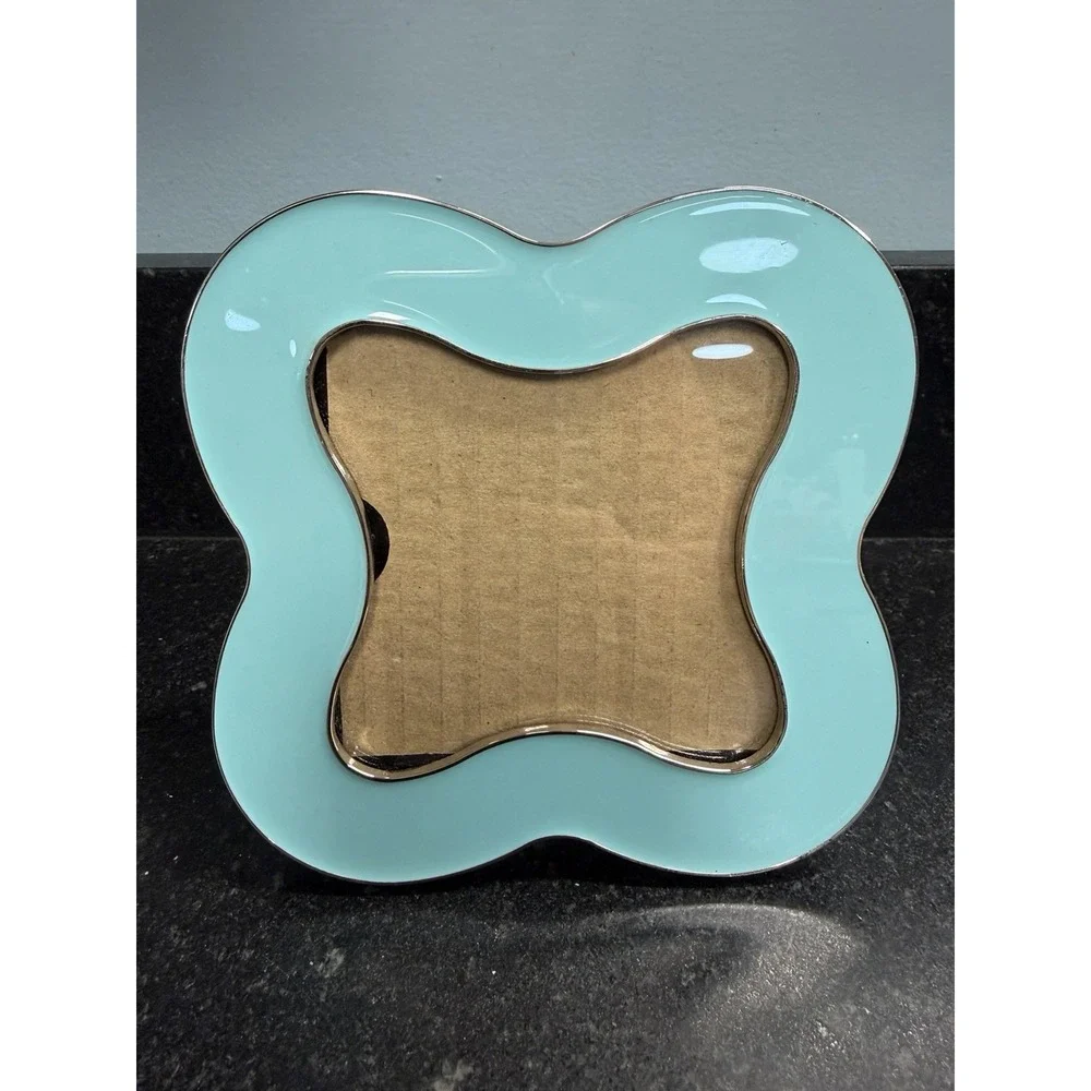 Jonathan Adler Aqua Turquoise Enamel Quatrefoil Picture Frame Silver Trim